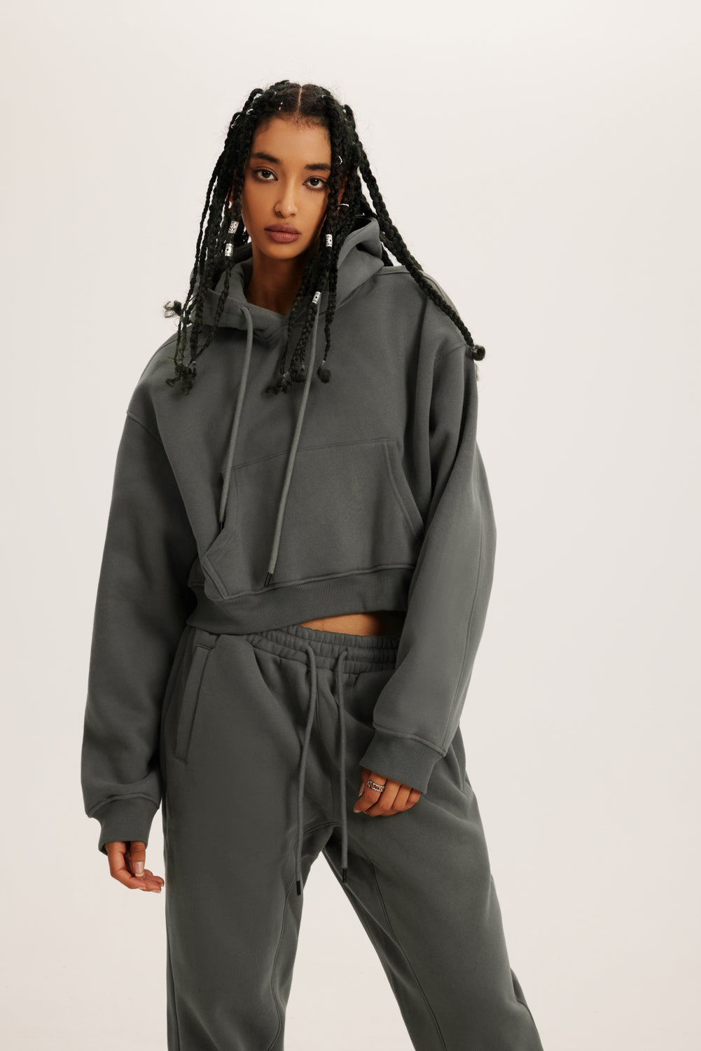 345GSM Women’s Heavyweight Cropped Fleece Hoodie Taupe