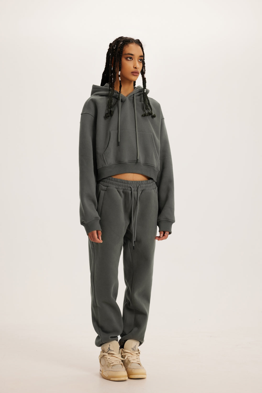 345GSM Women’s Heavyweight Cropped Fleece Hoodie Taupe