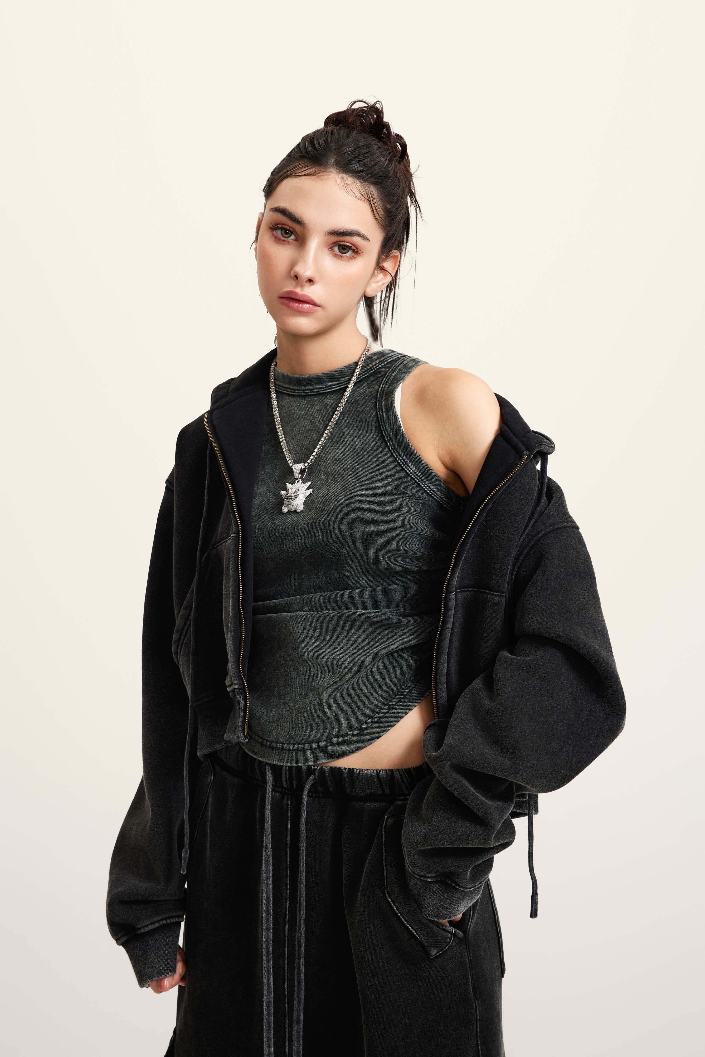 400GSM Women’s Vintage-Wash Cropped Zip-Up Hoodie Snow wash