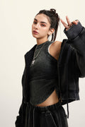400GSM Women’s Vintage-Wash Cropped Zip-Up Hoodie Snow wash