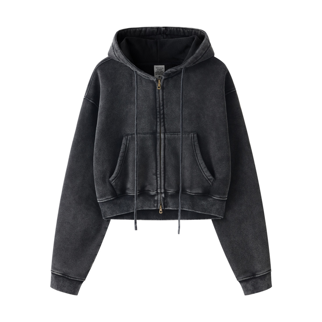 400GSM Women’s Vintage-Wash Cropped Zip-Up Hoodie Snow wash